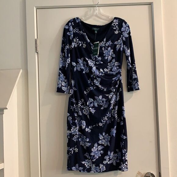 Ralph Lauren Women's, Faux Wrap, V-Neck, 3/4 Sleeve Dress, Blue Floral NWT $185 - Picture 5 of 7